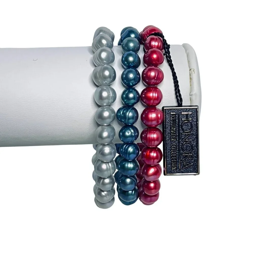 Set Of 3 Honora Freshwater Pearl Bracelets Blue, Silver And Pink (5955) - Picture 1 of 3